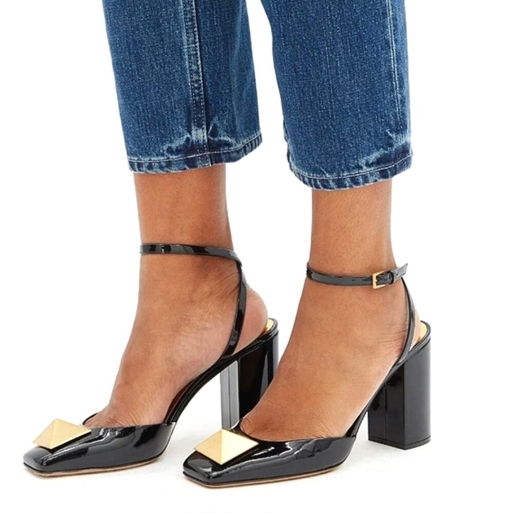 NWT$1,100 Valentino Roman Stud Square Toe Patent Leather 90mm Heel Pumps Sz 7